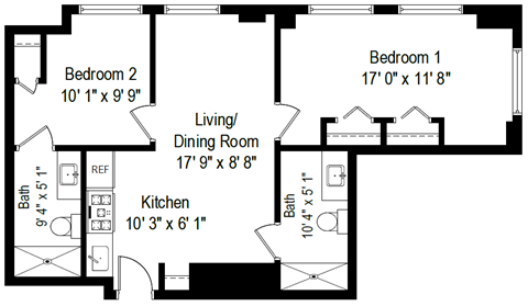 Floor plan for 2 beds, 2 baths, 630 sqft